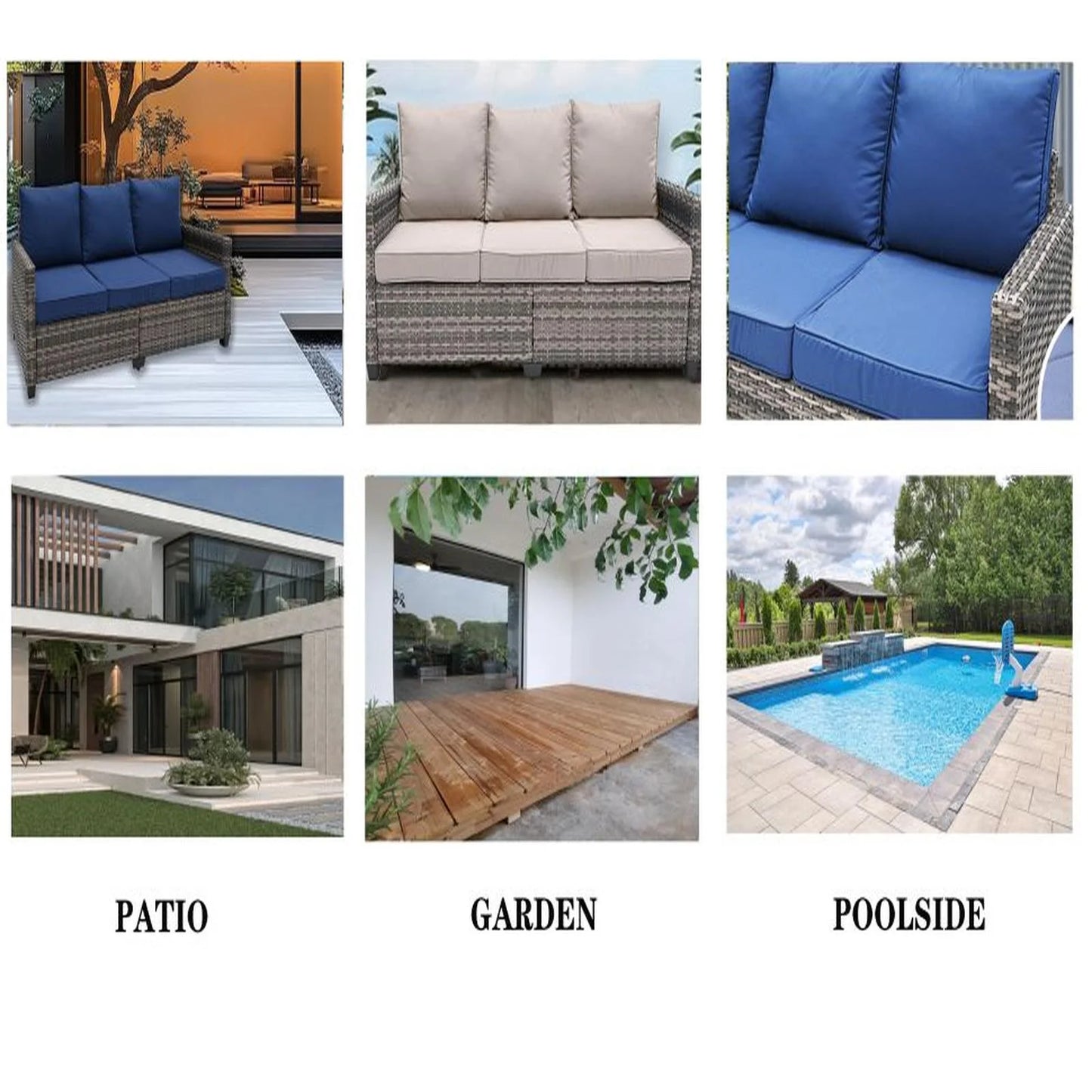 Decksplore All Weather Wicker Patio Couch, 3 Seats Patio Sofa with High Curvy Back, Premium Outdoor Sofa with Brown Wicker and Thick Cushions for Garden, Backyard, Porch Navy Blue