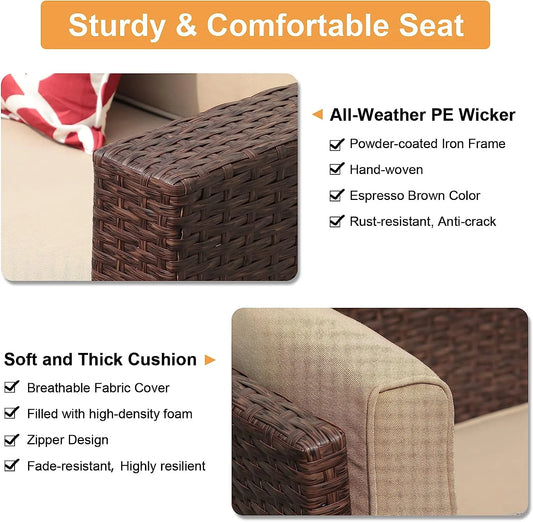JOIVI 8 Pc Outdoor Furniture Set with Storage Box, Wicker Rattan Patio Conversation Set with Sectional Sofa Couch for 6 People, Espresso Brown