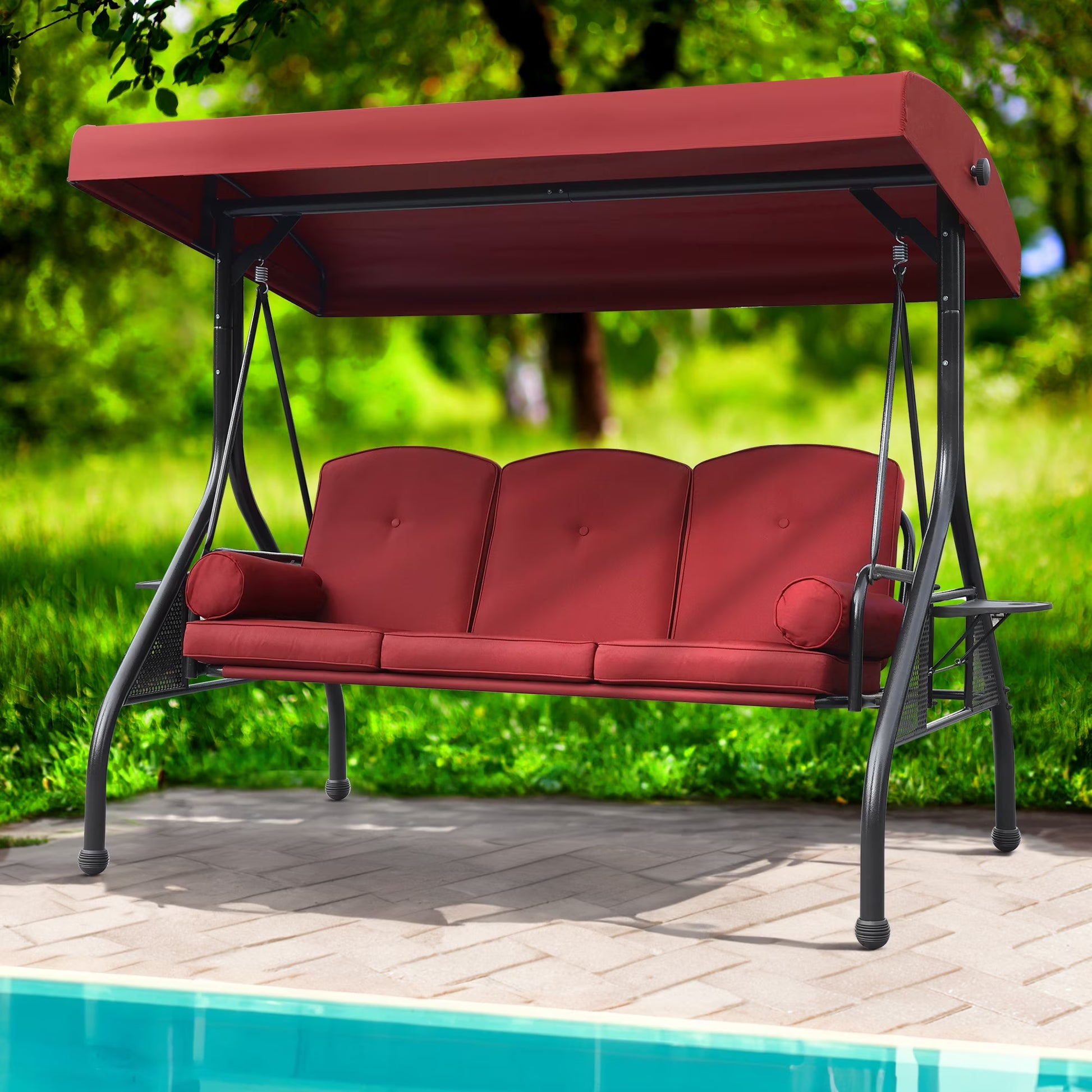 NOBLEMOOD 3-Seat Patio Porch Swing with Adjustable Canopy, Thickened Cushion & Foldable Tray, Red