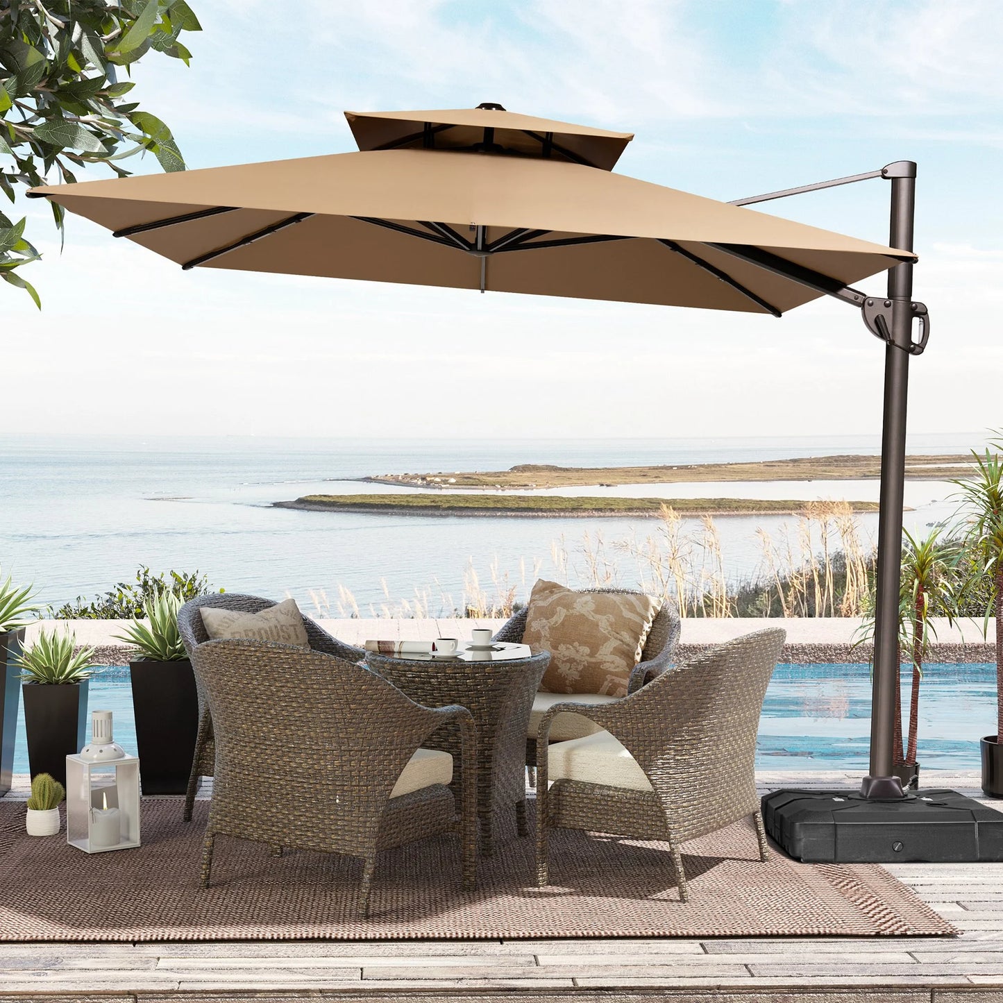 Pellebant 11 ft. x 9 ft. Rectangular Double Top Patio Cantilever Umbrella, Black