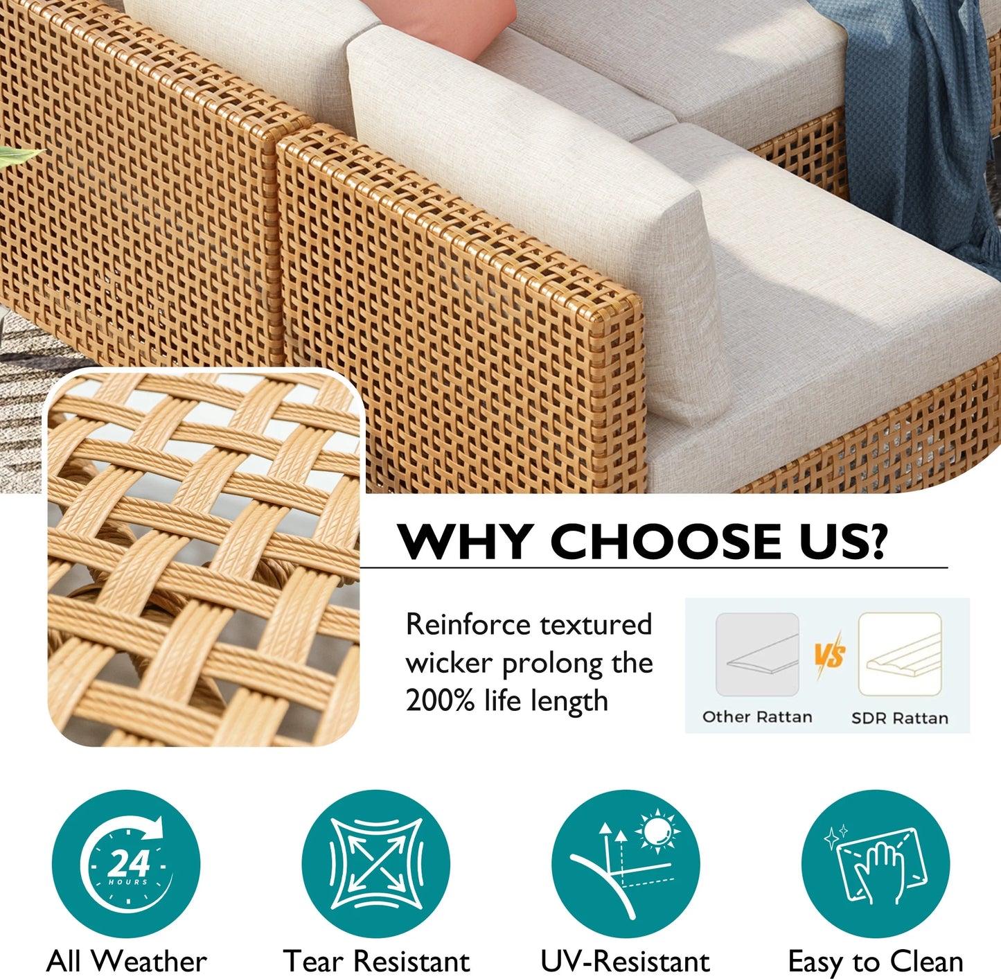 7 Pieces Patio Furniture Set, Wicker Sectional Table and Chairs Sets, Patio Conversation Set with Sectional Chaise Longue, Coffee Table, Suitable for Porch Backyard Garden, Beige