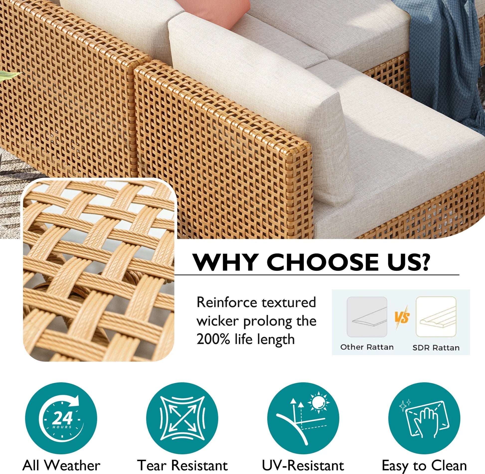 7 Pieces Patio Furniture Set, Wicker Sectional Table and Chairs Sets, Patio Conversation Set with Sectional Chaise Longue, Coffee Table, Suitable for Porch Backyard Garden, Beige