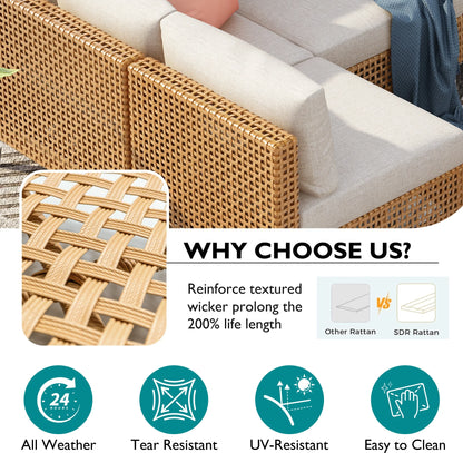 7 Pieces Patio Furniture Set, Wicker Sectional Table and Chairs Sets, Patio Conversation Set with Sectional Chaise Longue, Coffee Table, Suitable for Porch Backyard Garden, Beige
