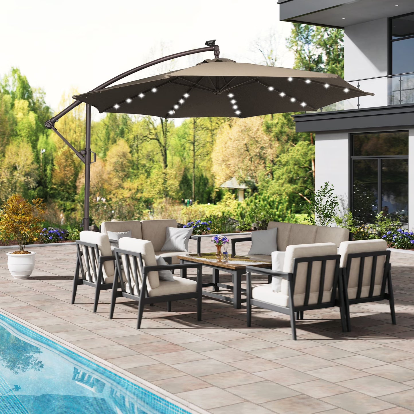 Mondawe 10ft Solar Lights Offset Cantilever Patio Umbrella - with Light, LED Lighted Offset Hanging Patio Outdoor Market Umbrella UPF50+ UV Protection with Crank,Navy Blue