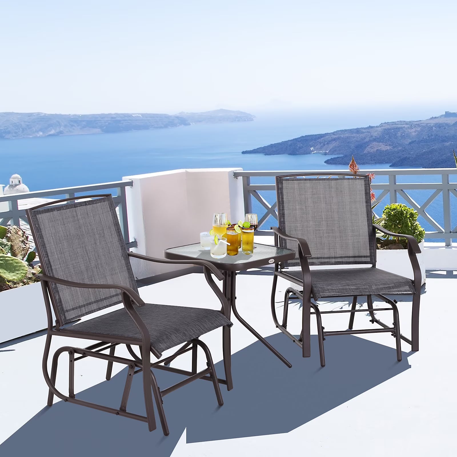 Outsunny Set of 3 Rocking Glider Chair w/Table Mesh Patio Outdoor Furniture, Gray