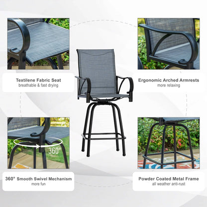 Summit Living 5-Piece Outdoor Patio Swivel Bar Stool Dining Set with 4 High-back Textilene Chairs with Armrest&1 Bistro Bar Table,Black& Grey