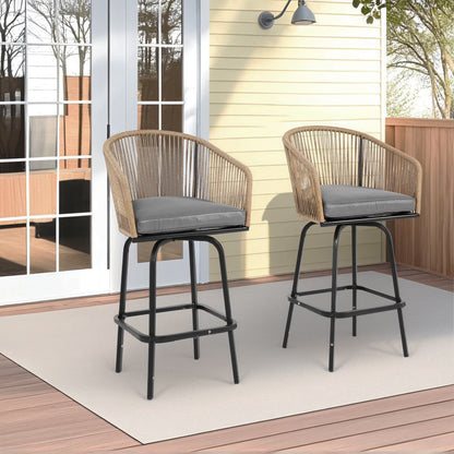 MOONMISS Outdoor Patio 360° Swivel All Weather Rattan Bar Stools(set of 2) with Backrest-Gray