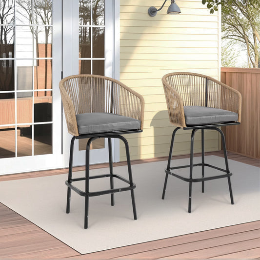 MOONMISS Outdoor Patio 360° Swivel All Weather Rattan Bar Stools(set of 2) with Backrest-Gray