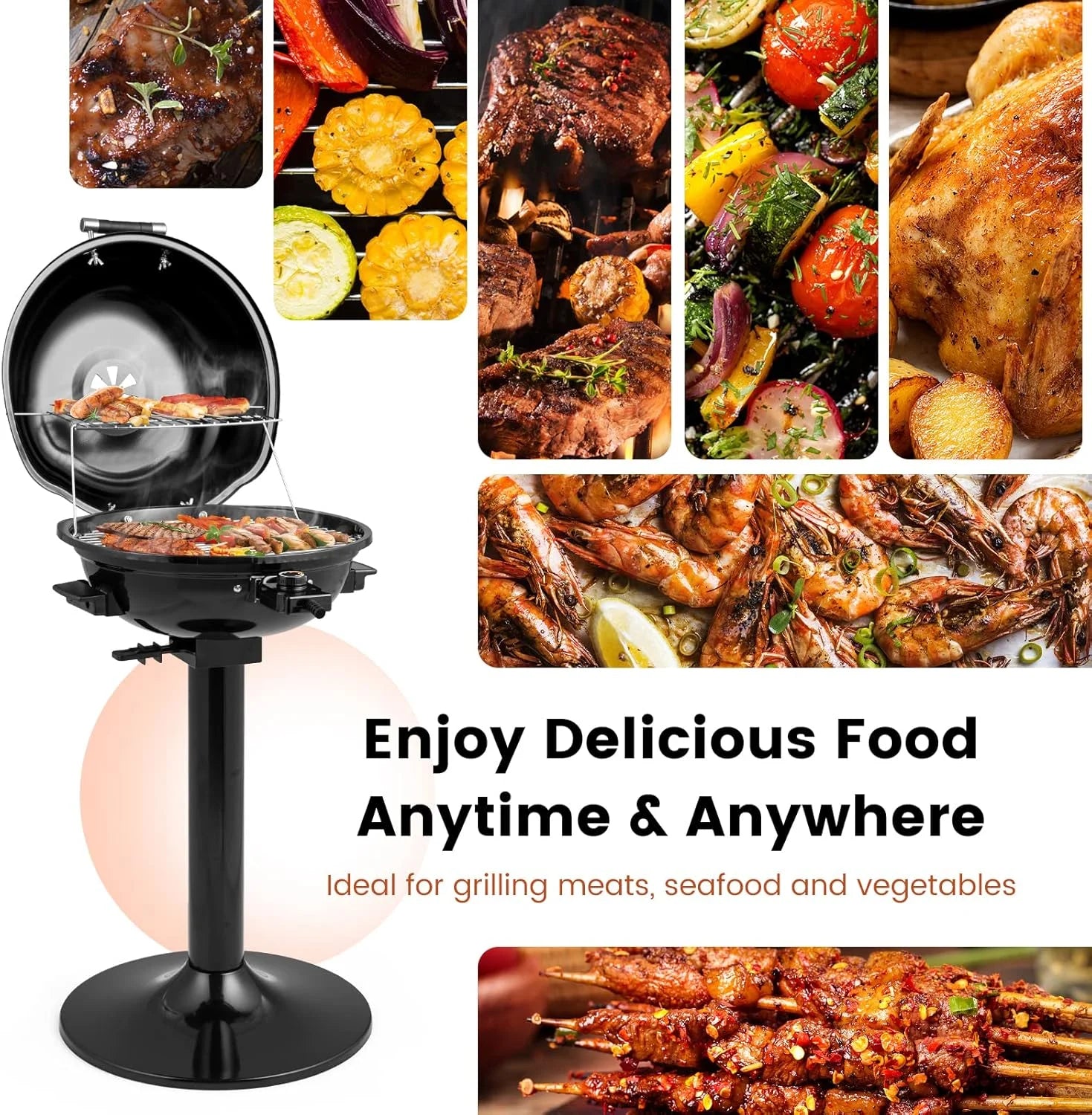 HAPPYGRILL 1600W Electric Grill Outdoor, Portable BBQ Grill with Warming Tray, Removable Non-Stick Grill Rack, Adjustable Temperature& Oil Drip Tray for Patio, Camping, Picnic,Red