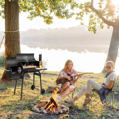 Barrel Charcoal Grill with Offset Smoker, Heavy-Duty Metal, Large Cooking Area, Mobile with Wheels for Backyard/Patio Gatherings