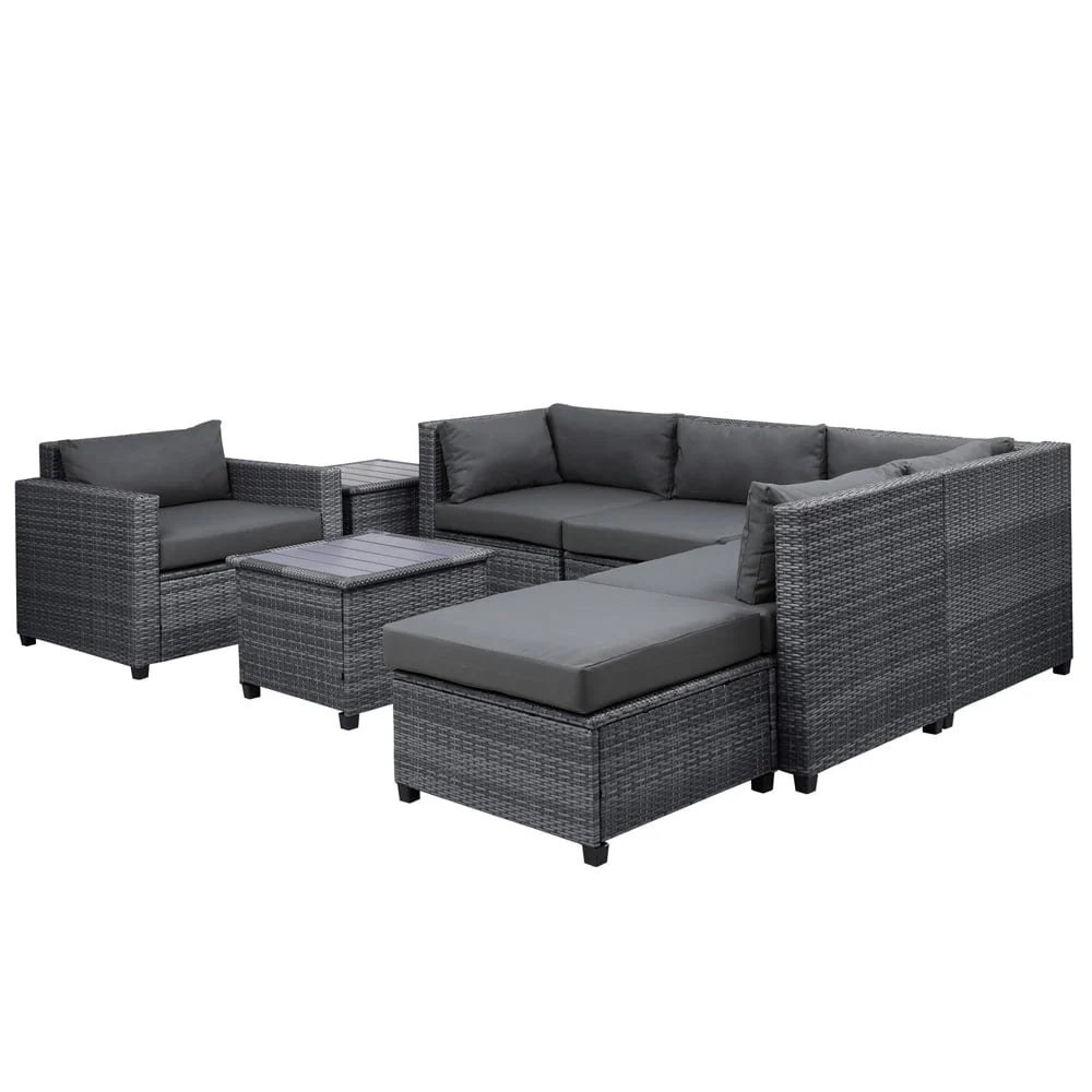 8 Piece Patio Outdoor Furniture Set, PE Rattan Sectional Sofa Set with 2 Tea Tables, Ottoman & Washable Cushions, All-Weather Wicker Conversation Couch Set for Patio, Deck, Garden, Backyard, K2460