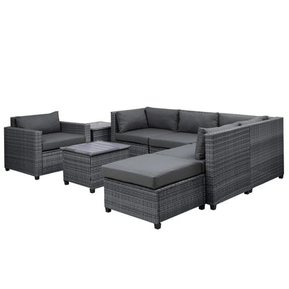 8 Piece Patio Outdoor Furniture Set, PE Rattan Sectional Sofa Set with 2 Tea Tables, Ottoman & Washable Cushions, All-Weather Wicker Conversation Couch Set for Patio, Deck, Garden, Backyard, K2460
