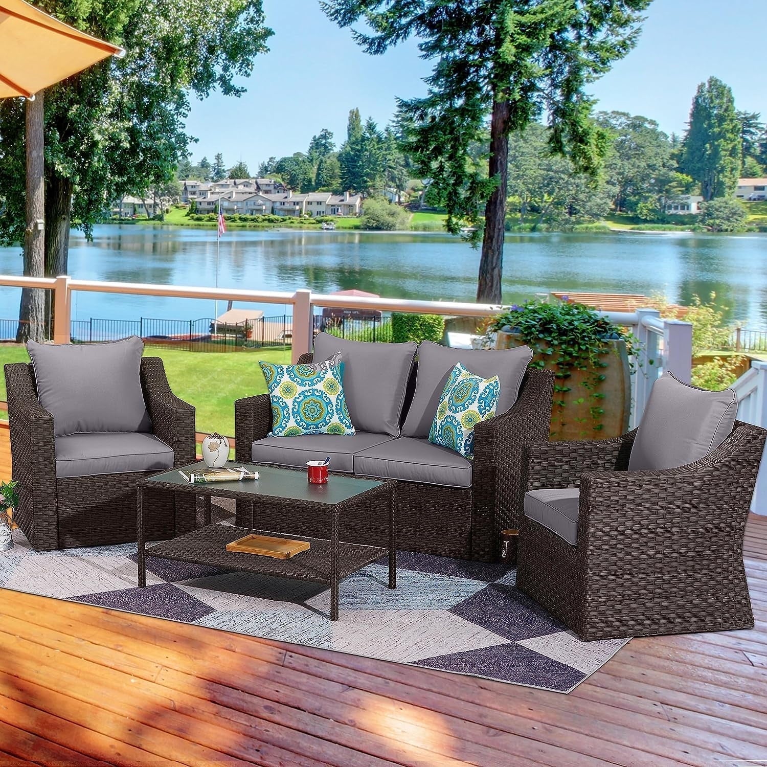 CozyHom 5 Pcs Outdoor Patio Wicker Furniture Sofa Set Clearance Sectional Conversation Couch Chair Sofa Set With Coffee Table, Grey