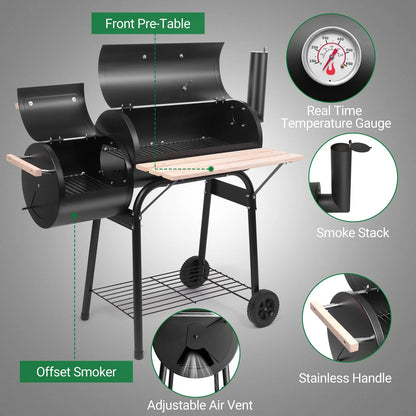 Charcoal Grill and Offset Smoker, Outdoor Patio Barbecue Cooker with Wheels, Portable Backyard BBQ Oven with Side Fire Box for Camping, Picnic, Party