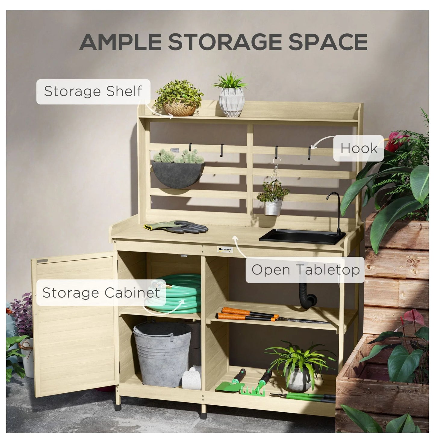 Wooden Potting Bench with Storage, Sink & Tap - Outdoor Gardening Station for Patio, Backyard, Balcony - Natural Finish