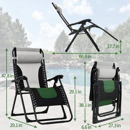 Zero Gravity Chair Oversized Patio Recliner Lounge Chair Patio Lounge Chairs with Adjustable Headrest Support Padded Seat & Back for Outside Patio Pool Deck Camping, Green