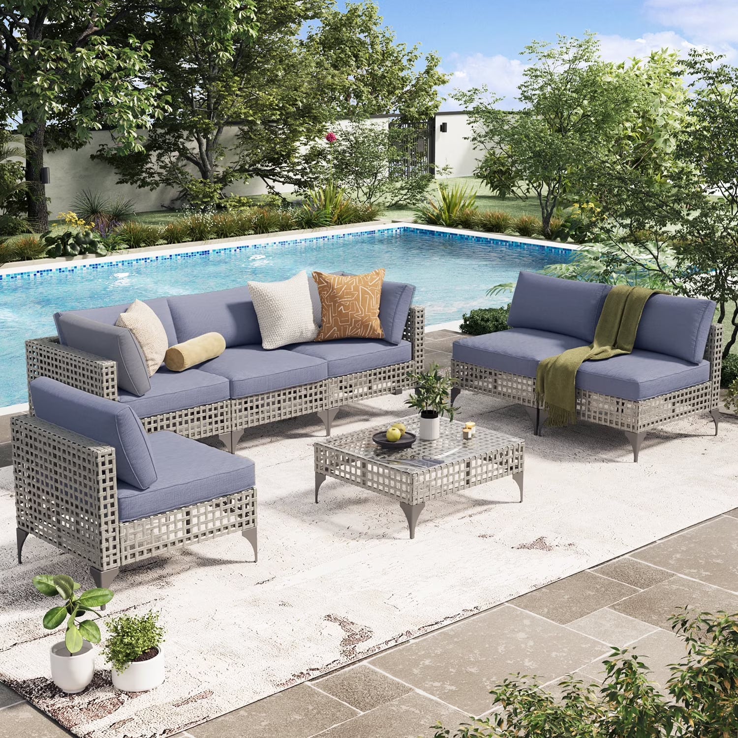 YODOLLA 7-Piece Patio Furniture Set with Tea Table, Rattan Wicker Outdoor Sectional Furniture Sofa Conversation Set, Dark Brown Rattan& Dark Grey Cushions