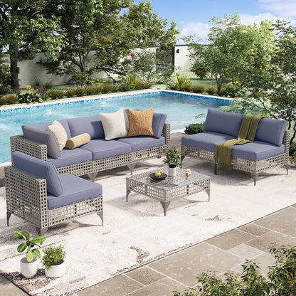 YODOLLA 7-Piece Patio Furniture Set with Tea Table, Rattan Wicker Outdoor Sectional Furniture Sofa Conversation Set, Dark Brown Rattan& Dark Grey Cushions