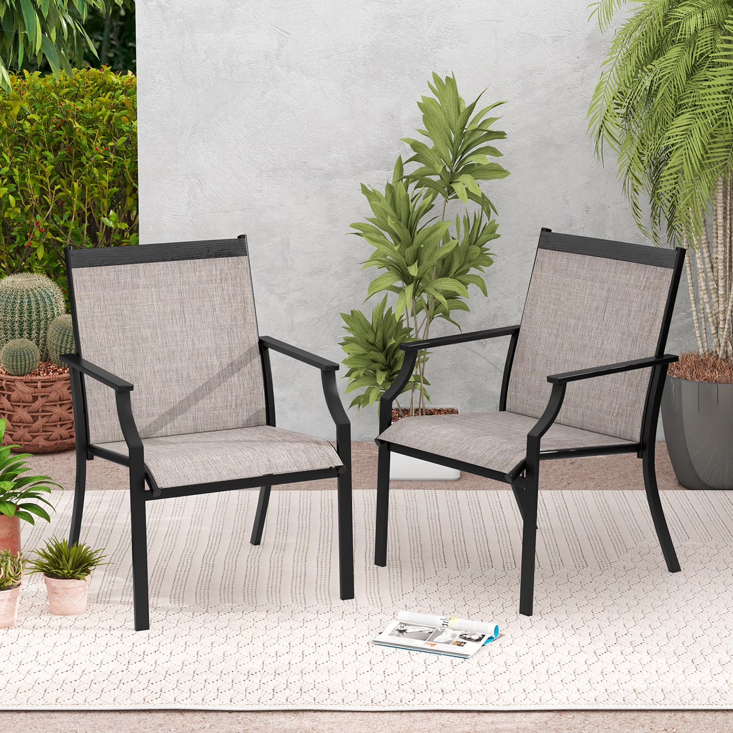 Gymax Set of 2 Patio Dining Chairs Outdoor Armchairs w/Sturdy Metal Frame Coffee