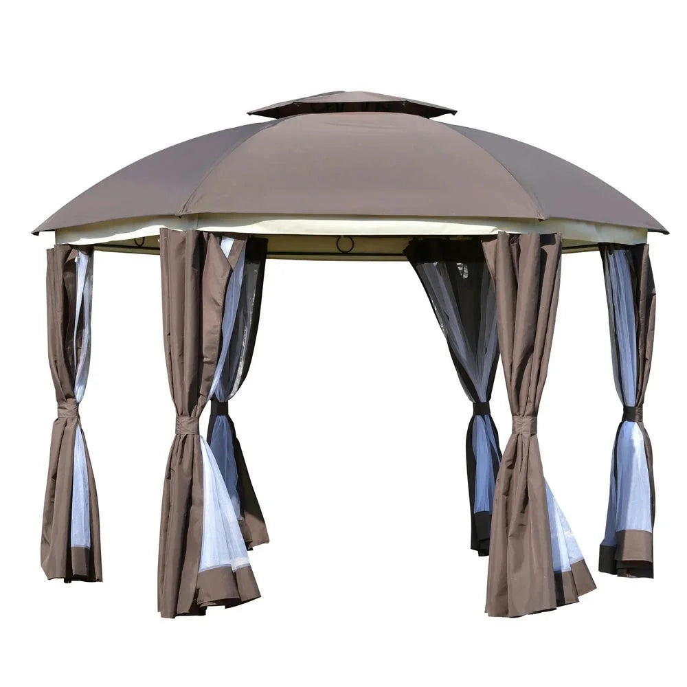 Aimee Lii 12' x 12' Round Outdoor Canopy Tent, Patio Dome Canopy Tent Canopy Shelter with Double Roof, Curtains, Zippered Doors, Strong Steel Frame, Shade Canopy, Outdoor Canopy, Brown