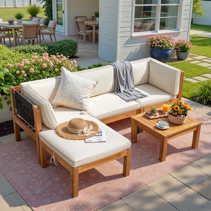 Devoko 7 pieces Patio Acacia Wood Sectional Sofa with CushionsOutdoor Furniture Set for Porch, Yard and Balcony