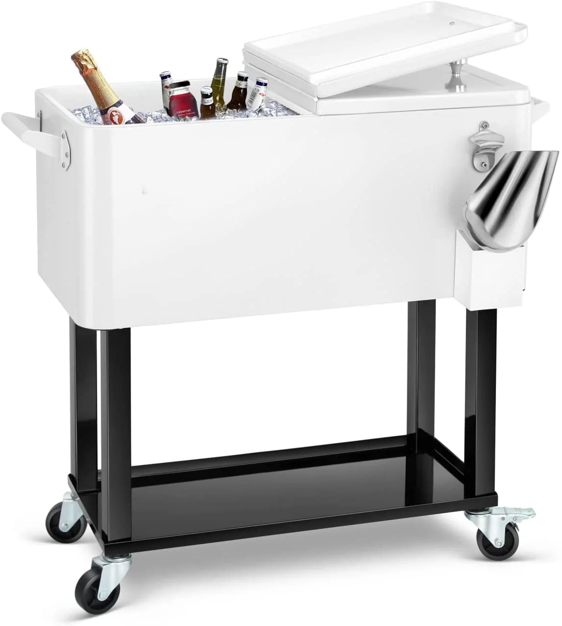 80 Quart Rolling Cooler Cart Ice Chest for Outdoor Patio Deck Party Portable Party Bar Cold Drink Beverage Cart Tub, Backyard Cooler Trolley on Wheels with Shelf, Bottle Opener White
