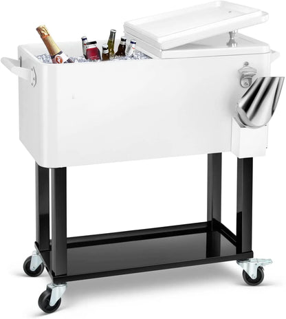 80 Quart Rolling Cooler Cart Ice Chest for Outdoor Patio Deck Party Portable Party Bar Cold Drink Beverage Cart Tub, Backyard Cooler Trolley on Wheels with Shelf, Bottle Opener White