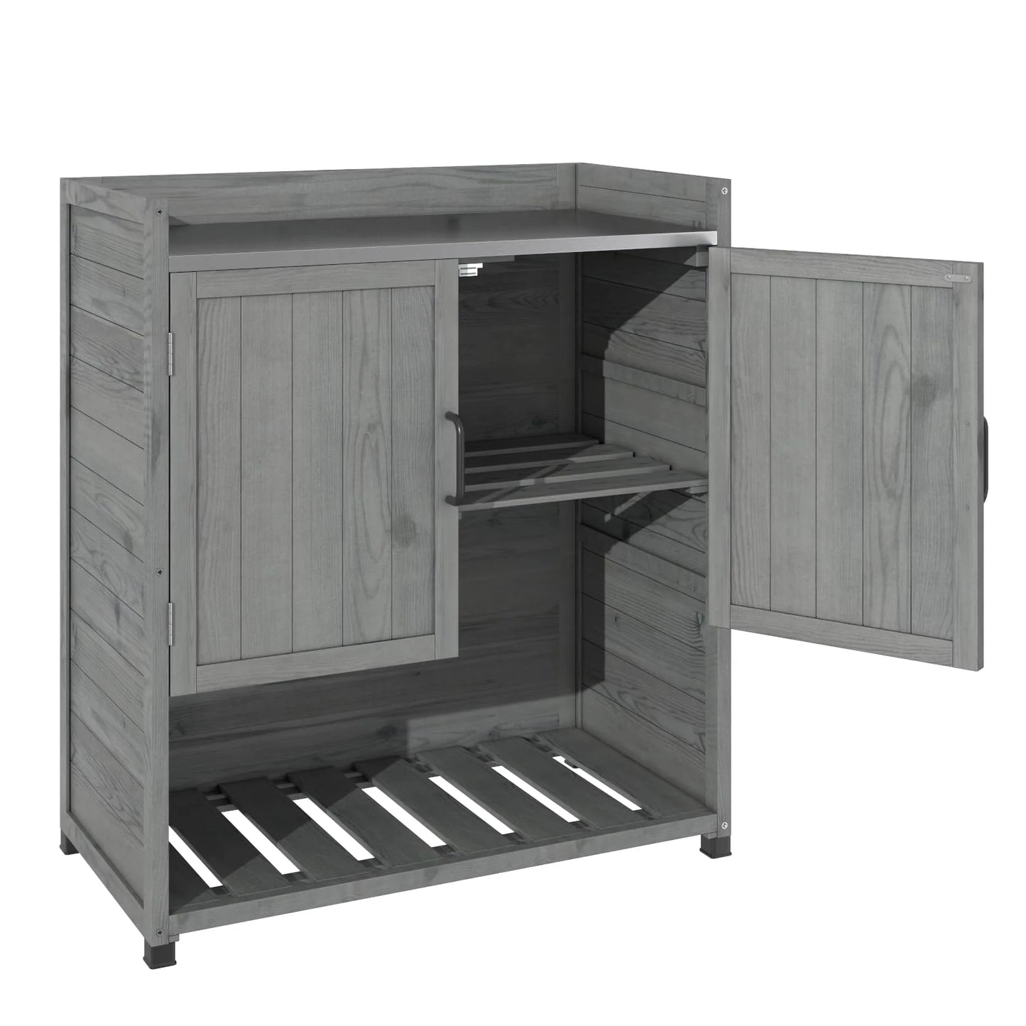 YODOLLA Potting Bench, Wooden Outdoor Storage Cabinet with Adjustable Shelf, Patio Storage with Metal Tabletop, Potting Table for Garden, Patio and Lawns, Gray