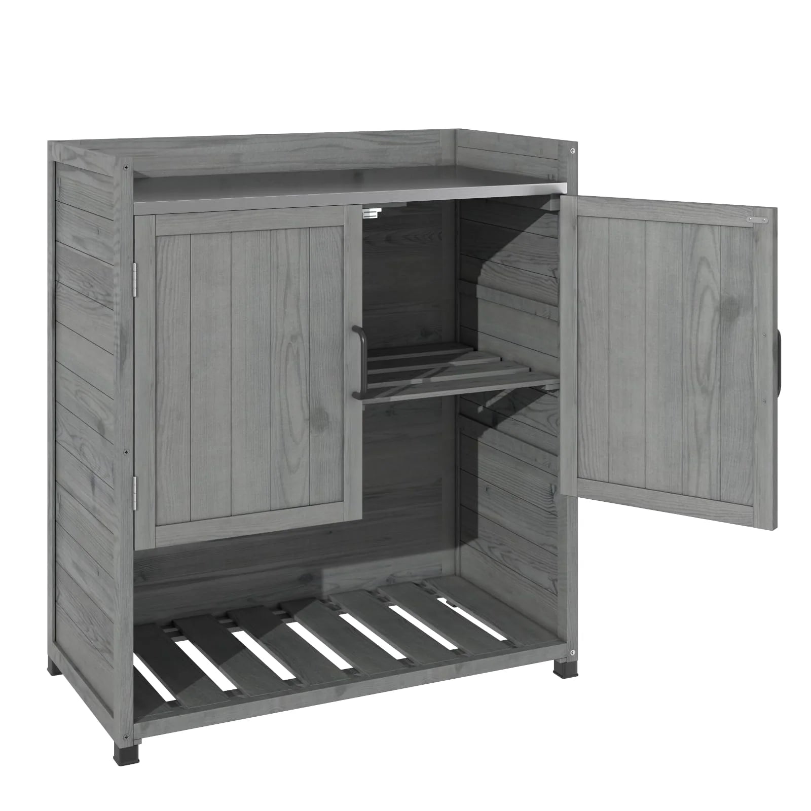 YODOLLA Potting Bench, Wooden Outdoor Storage Cabinet with Adjustable Shelf, Patio Storage with Metal Tabletop, Potting Table for Garden, Patio and Lawns, Gray