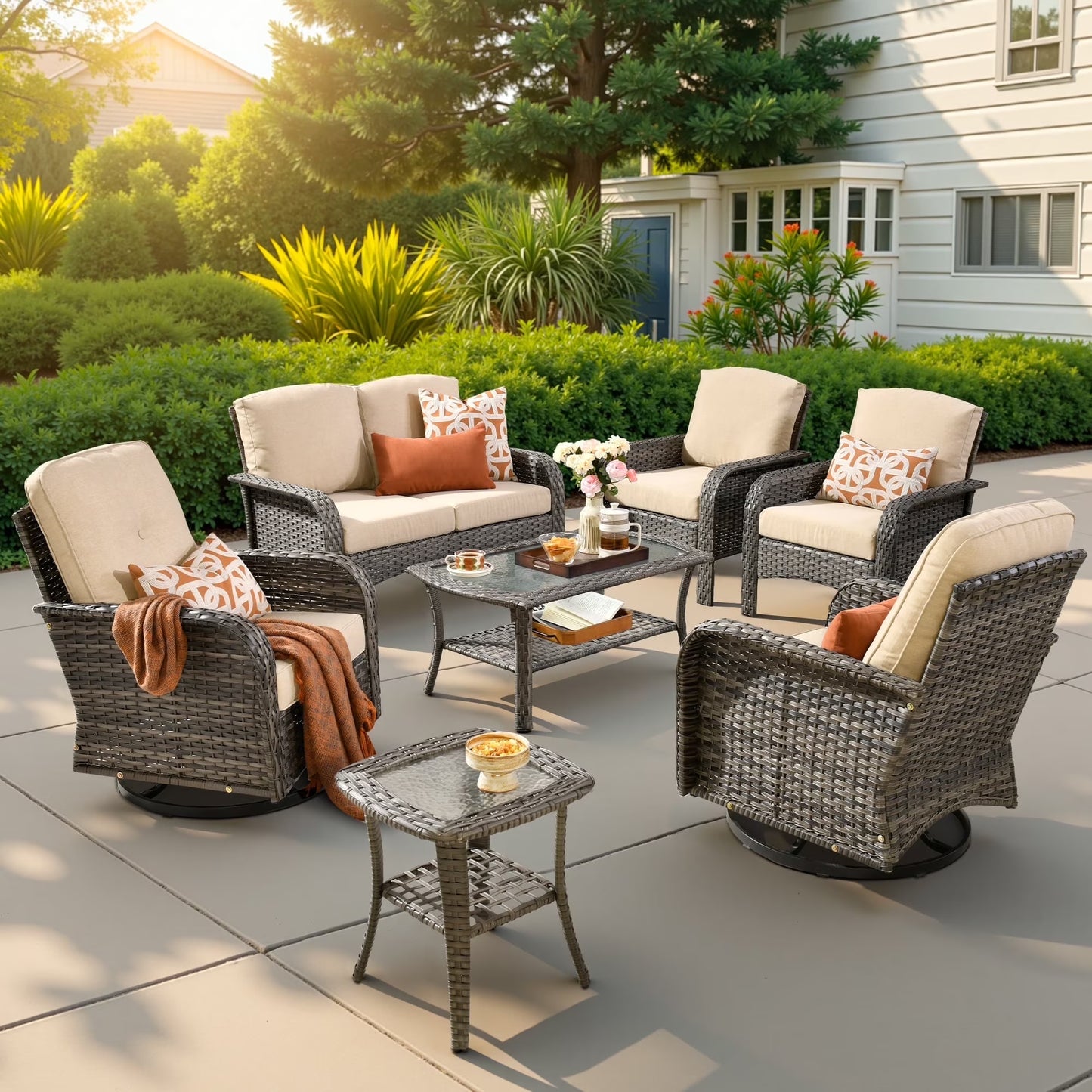 Ovios 5 Pieces Outdoor Patio Furniture Set High Back All Weather Wicker Conversation Set with Swivel Chairs & Coffee Table, Dark Gray