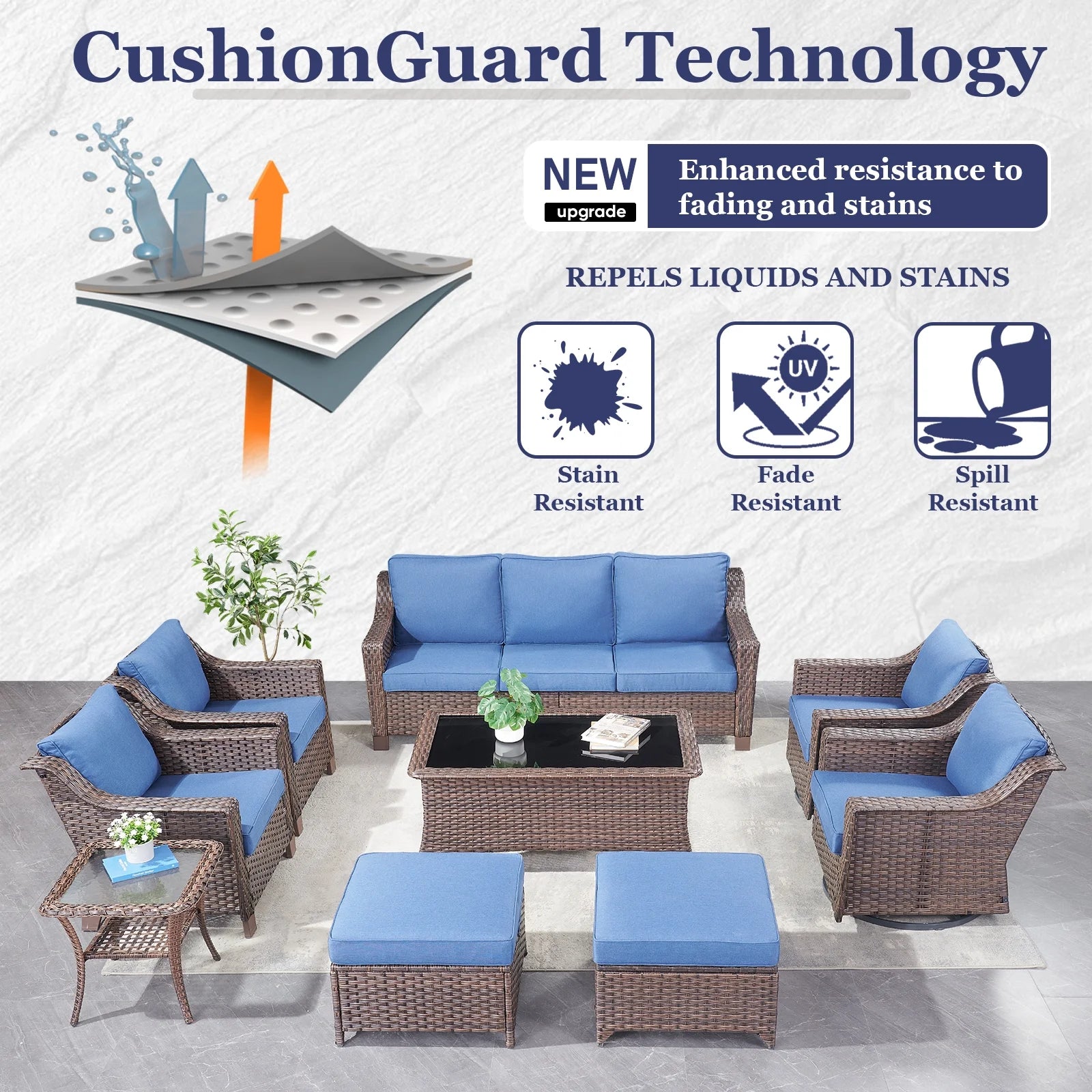 Gymojoy 6-Piece Patio Furniture Set, Oversized Outdoor Wicker Sofa with Swivel Chairs and Coffee Table, Sectional Rattan Outdoor Conversation Set for Poolside Backyard Deck, Blue