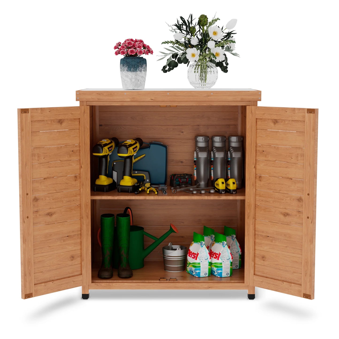 Durable Cedar Potting Bench w/Storage Cabinet & Metal Top - 31" Gray Outdoor Work Station for Patio, Balcony, Garden - Weather-Resistant, Stable X-Design