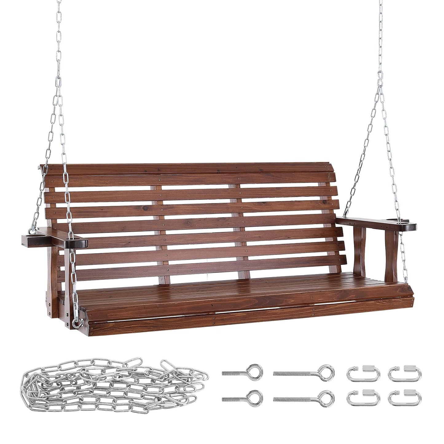 KFFKFF Outdoor Swing Bench 5.5 ft, Garden and Patio Wooden Swing, Enhanced 880 lbs Capacity, Durable Hanging Chair with Chains for Outside Use, Brown