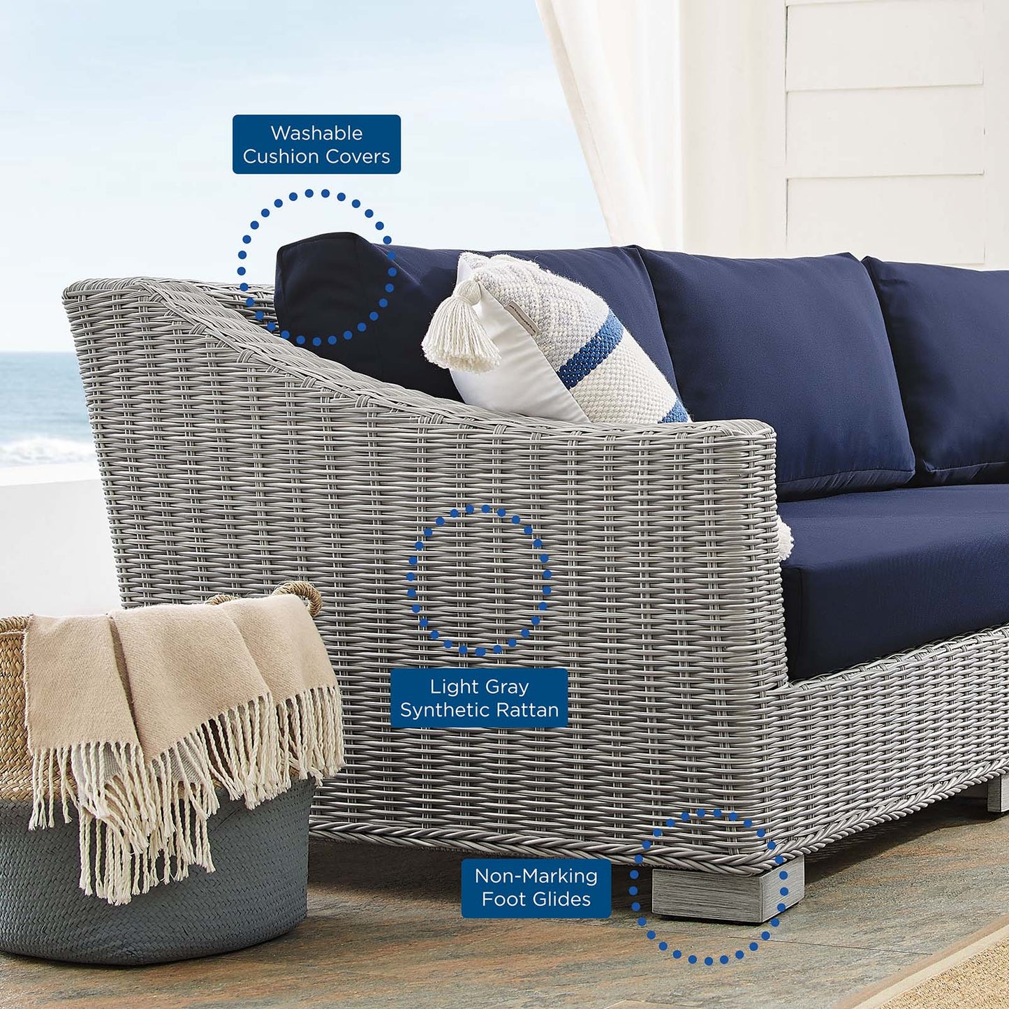 Lounge Sectional Sofa Chair Table Set, Rattan, Wicker, Light Grey Gray Blue Navy, Modern Contemporary Urban Design, Outdoor Patio Balcony Cafe Bistro Garden Furniture Hotel Hospitality