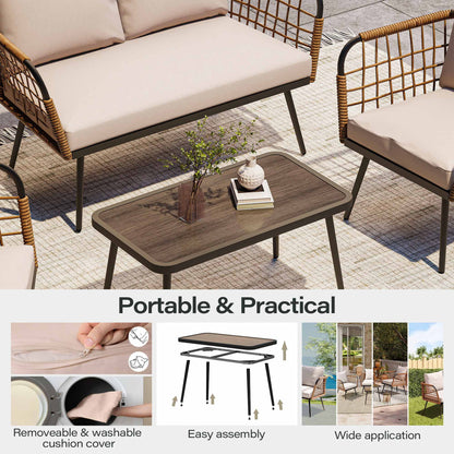 LAUSAINT HOME 4 Pieces Outdoor Conversation Sets, Patio Metal Frame Sofa with Wood Loveseat and Coffee Table, Beige Cushions