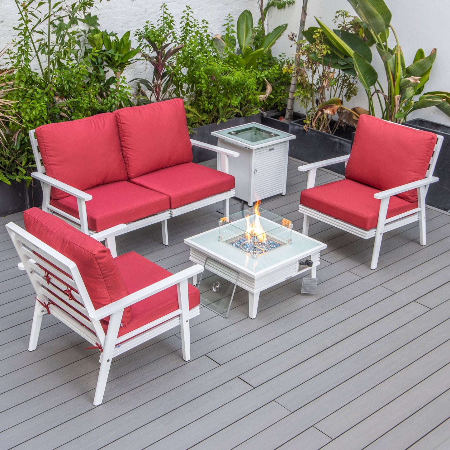 LeisureMod Walbrooke Modern Aluminum 5-Piece Patio Conversation Set with Outdoor Square Fire Pit Slats Design & Side Table Tank Holder, Charcoal