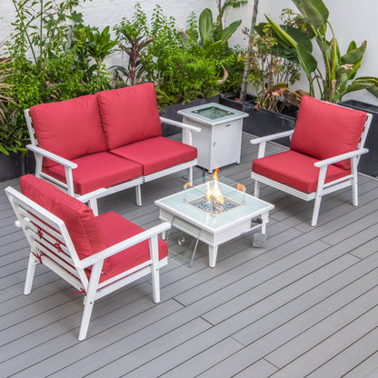 LeisureMod Walbrooke Modern Aluminum 5-Piece Patio Conversation Set with Outdoor Square Fire Pit Table with Slats Design & Side Table Tank Holder (Green)