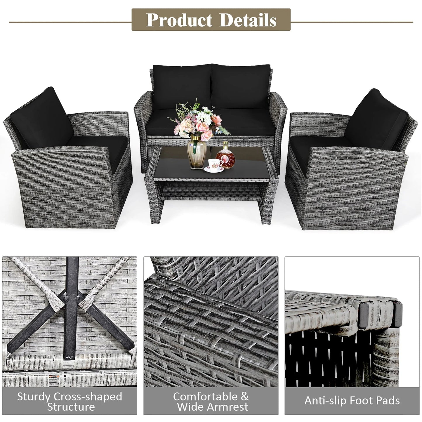 Costway 4PCS Patio Rattan Furniture Set Sofa Table Storage Shelf Black Cushion
