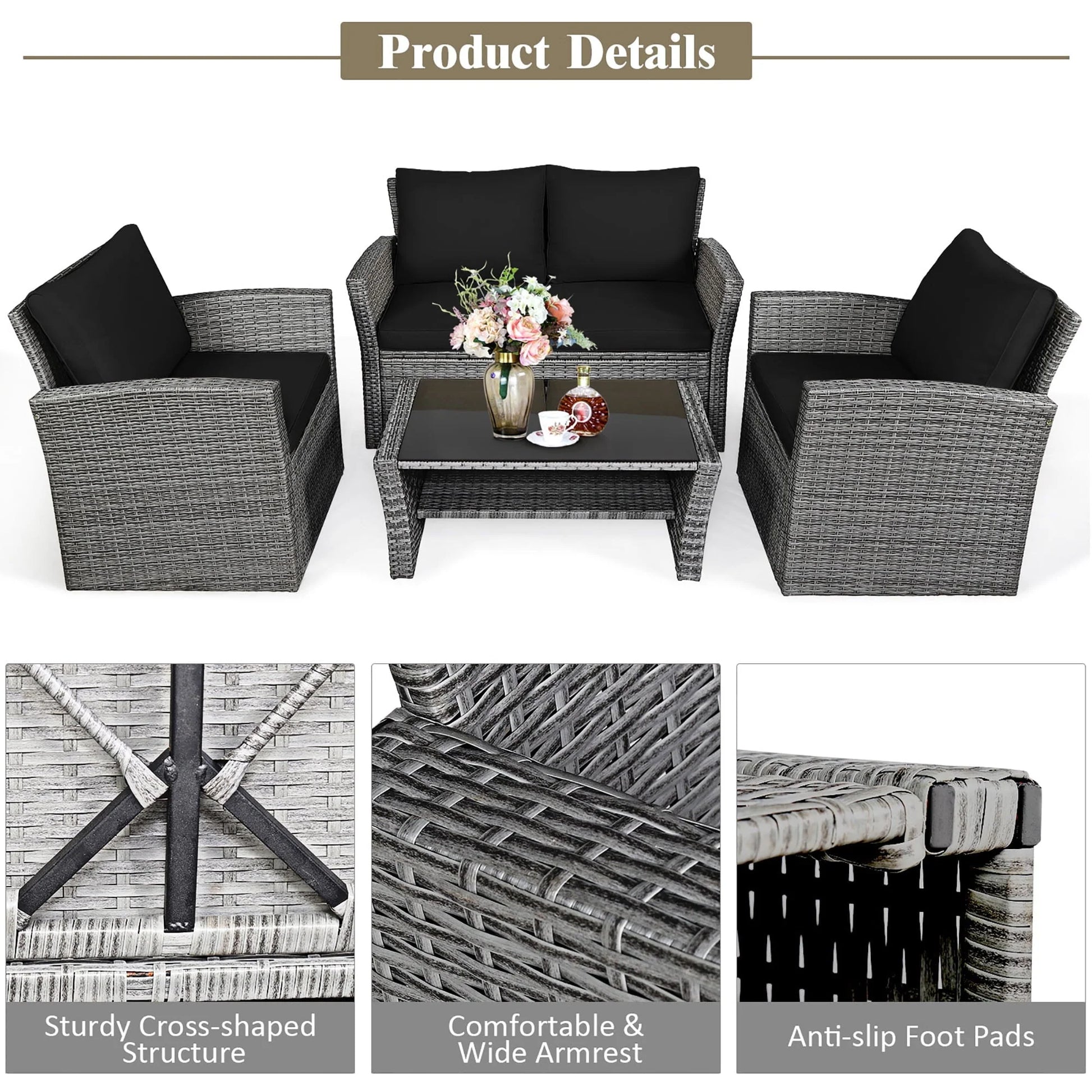 Costway 4PCS Patio Rattan Furniture Set Sofa Table Storage Shelf Black Cushion