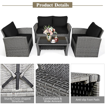 Costway 4PCS Patio Rattan Furniture Set Sofa Table Storage Shelf Black Cushion