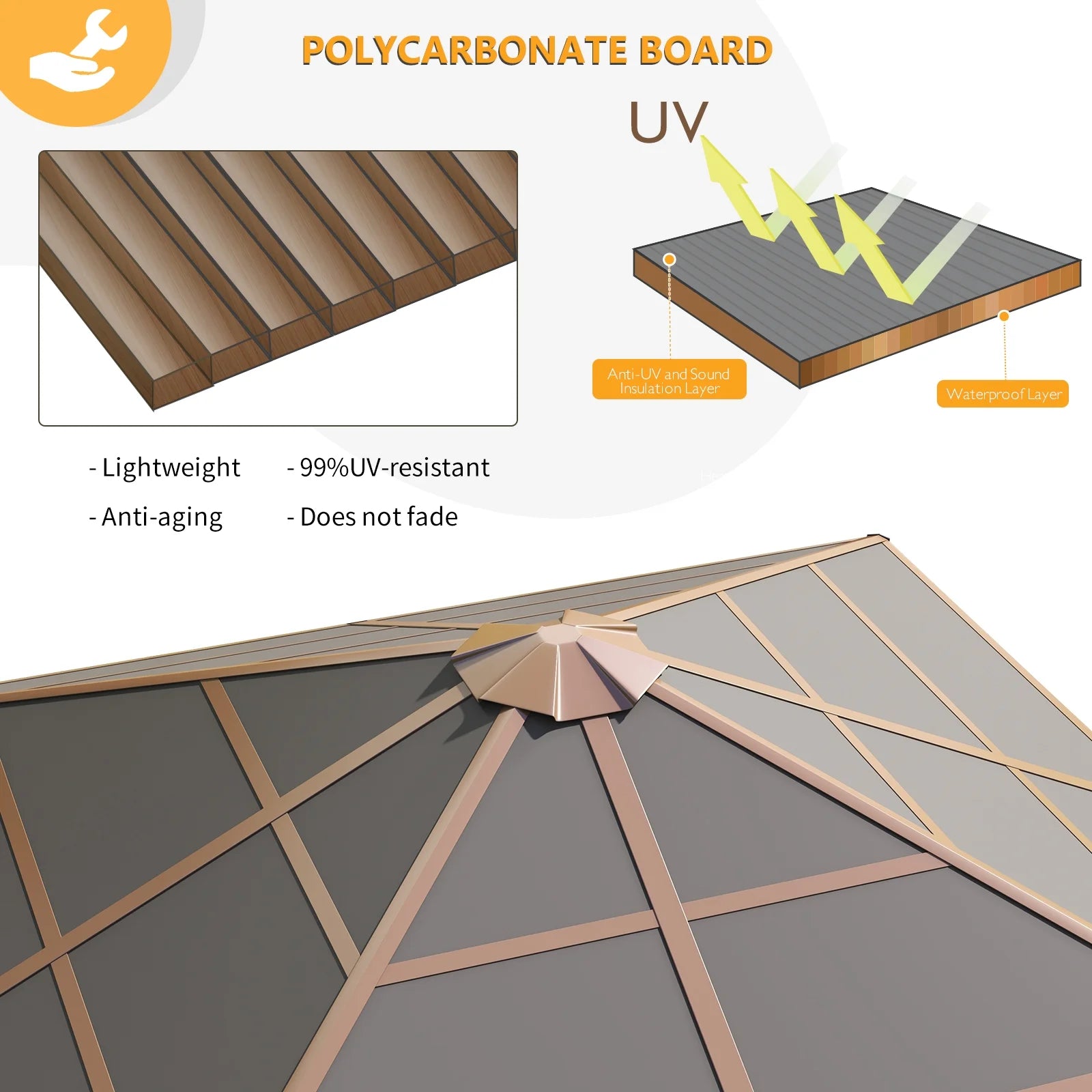 Sunmthink 10x10 Outdoor Hardtop Gazebo, Polycarbonate Single Roof Patio Canopy with Curtains and Netting, Brown