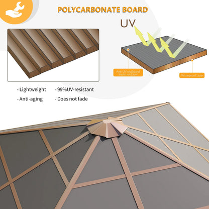 Sunmthink 10x10 Outdoor Hardtop Gazebo, Polycarbonate Single Roof Patio Canopy with Curtains and Netting, Brown