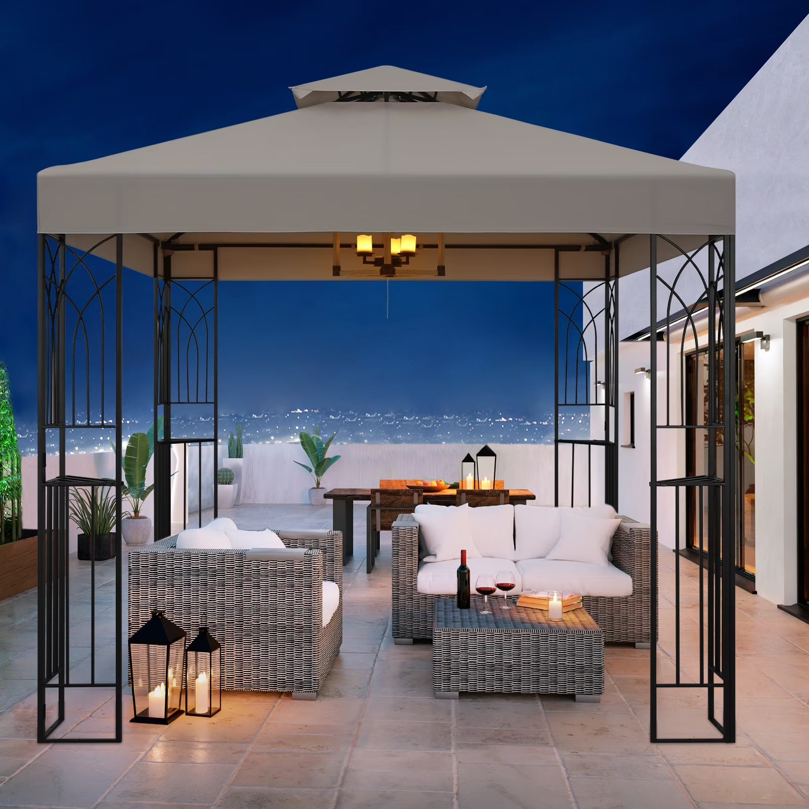COOS BAY 8x8 Outdoor Patio Gazebo with Corner Shelves, Two-Tier Soft Top Canopy for Backyard, Lawn, Deck and Garden, Gray