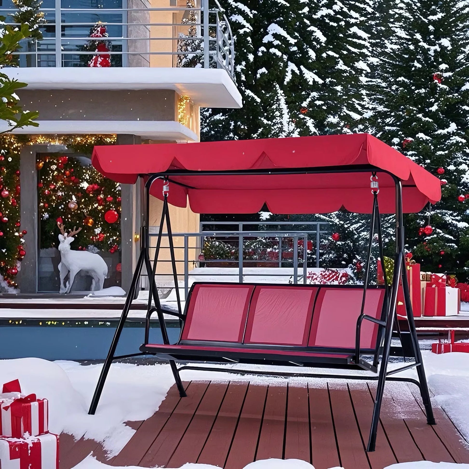 Mcombo Outdoor 3 Person Patio Canopy Swing Chair, Porch Swing, Burgundy