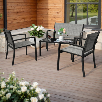 LACOO 4 Pieces Outdoor Furniture Set Patio Textilene Steel Conversation Set with Loveseat Tea Table for Lawn and Balcony, Black