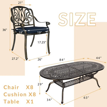 9-Piece Patio Dining Set, Outdoor Patio Table and Chair Set of 84? Oval Cast Aluminum Dining Table with Umbrella Hole and 8 Outdoor Dining Cushion Chairs, Patio Funiture Set for Garden, Navy