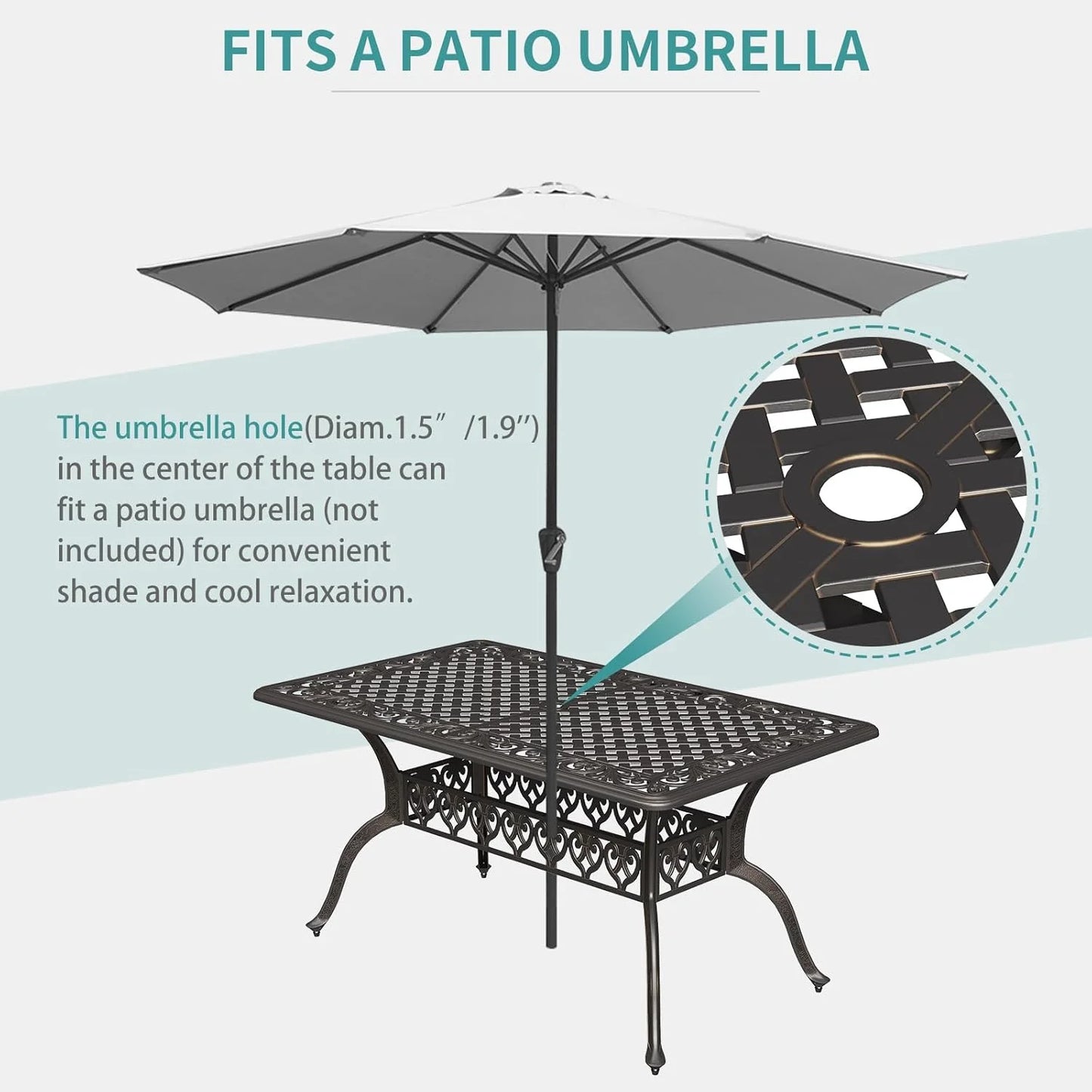 59.06" Cast Aluminum Outdoor Dining Table for 6 People, Rust-Resistant All-Weather Metal Patio Table with 2" Umbrella Hole, Heavy-Duty Garden Furniture for Deck, Backyard, Dark Bronze, Only Desk