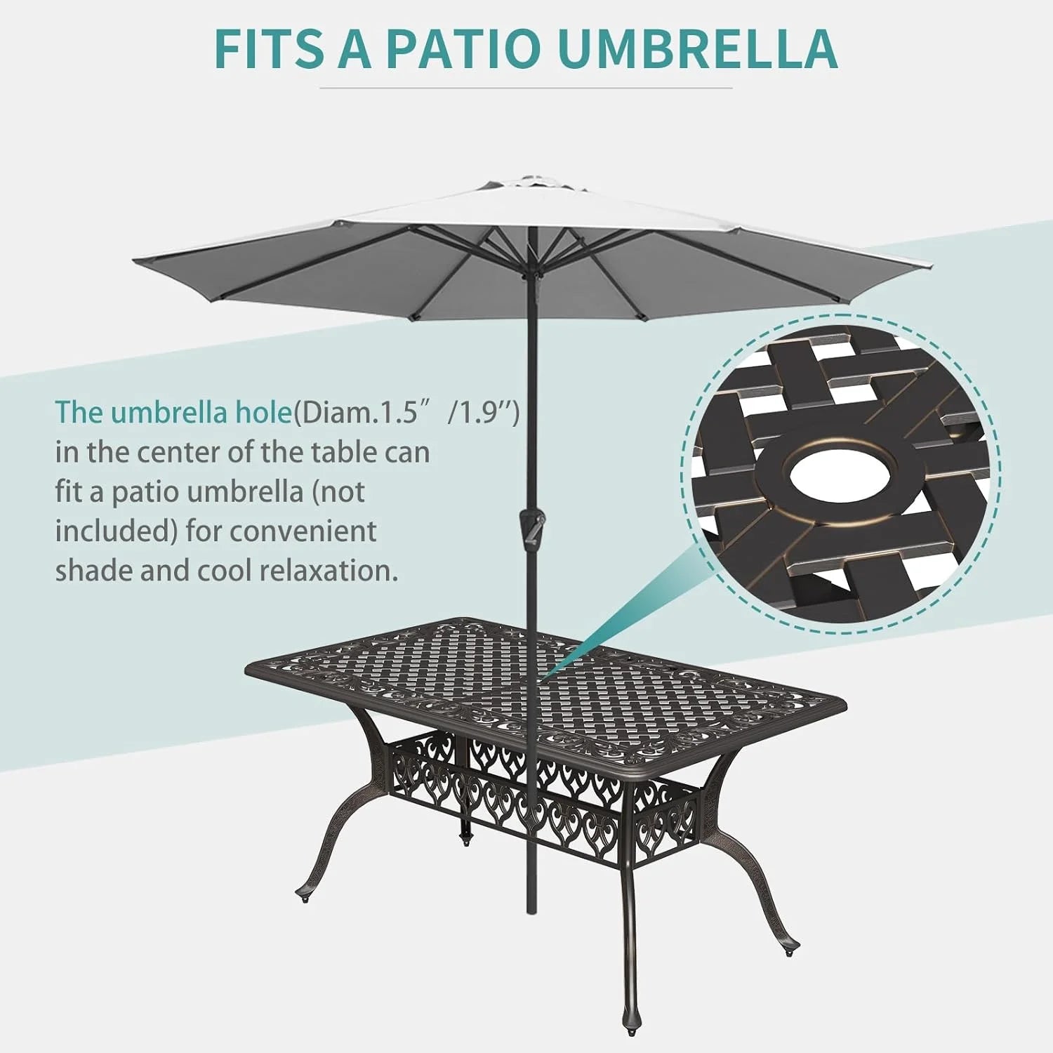 59.06" Cast Aluminum Outdoor Dining Table for 6 People, Rust-Resistant All-Weather Metal Patio Table with 2" Umbrella Hole, Heavy-Duty Garden Furniture for Deck, Backyard, Dark Bronze, Only Desk