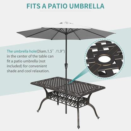 59.06" Cast Aluminum Outdoor Dining Table for 6 People, Rust-Resistant All-Weather Metal Patio Table with 2" Umbrella Hole, Heavy-Duty Garden Furniture for Deck, Backyard, Dark Bronze, Only Desk