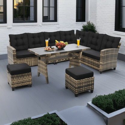 LOGYAT 6 Piece All Weather Outdoor Sectional Set, with 2 Sofas, 2 Ottomans with 1 Table, Patio Conversation Furniture for Deck, Garden, Natural Wicker and Black Cushions